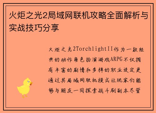 火炬之光2局域网联机攻略全面解析与实战技巧分享